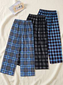 SHEIN 3pcs/Set Teen Boys' Casual Comfortable Plaid Pajama Pants Set Plaid Pj Pants Teen Black And White Pjs Teens Blue Plaid Pajama Bottoms Men's Pajama Pants Black And White Plaid Pants - Multicolor - View 5
