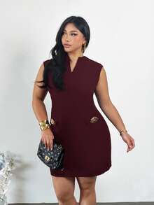 Firerie Plus Size Women's Burgundy Summer Elegant Formal Dress,V-Neck Ruched Metal Flower Decor A-Line Short Sleeve Chic Office Work Commute Dresses - Rose Red - View 4