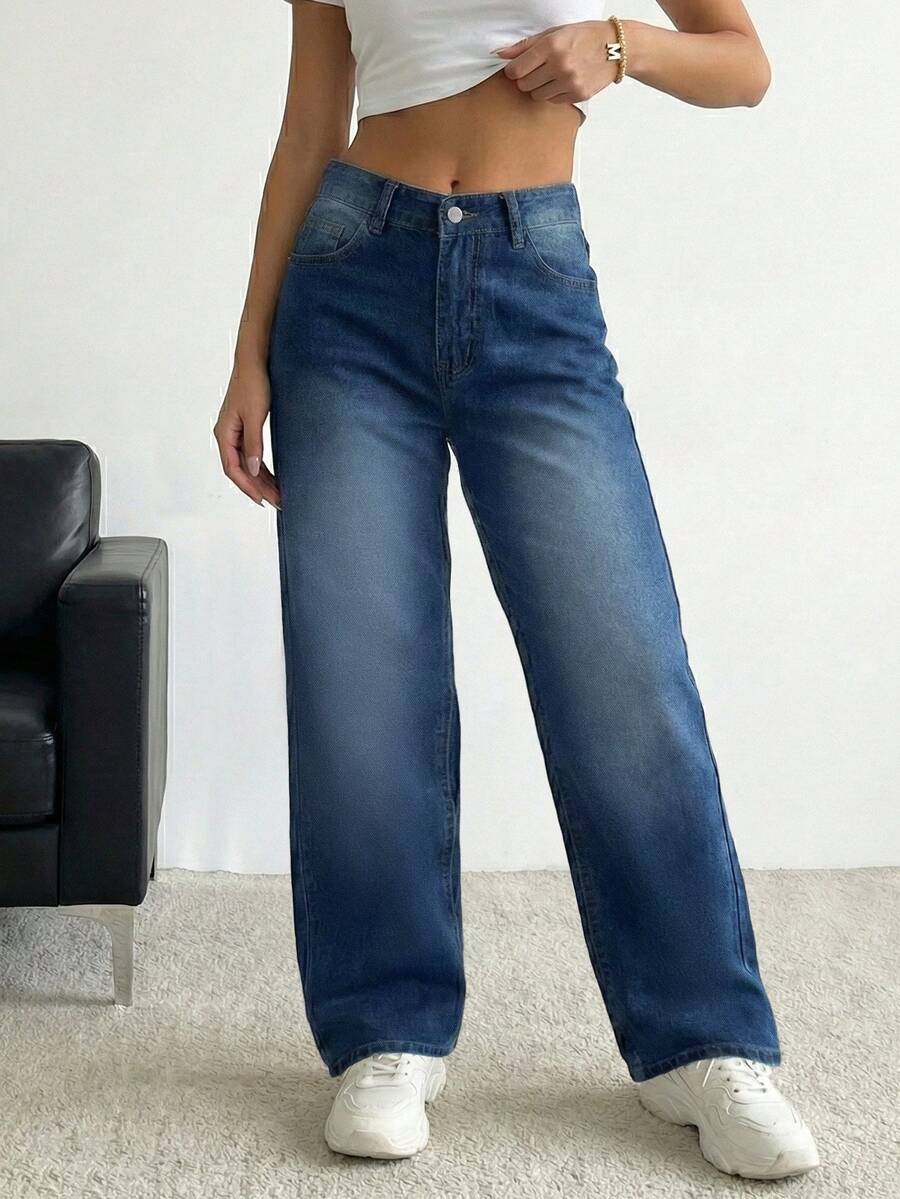 SHEIN ICON 女士撞色口袋休闲直筒牛仔裤 - 深色水洗藍 - 查看 1