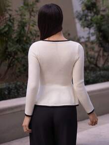 Andrea Bello 性感修身时尚女式撞色滚边长袖收腰针织上衣 - 彩色 - 查看 2