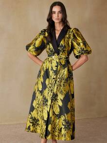 BELROSIE Textured Jacquard Elegant Waist-Cinching Long Dress With Contrast Color Collar, Metal Buckle Belt And Balloon Sleeves - Multicolor - View 4