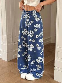 Rivivi Women's Fashion Floral Print Washed Wide Leg Jeans - Medium Wash - View 3