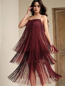 Anewsta Spaghetti Strap Asymmetrical Tassel Burgundy Cocktail Party Dress For Women, Suitable For Vacation, Party, Birthday, Anniversary - Burgundy - View 1