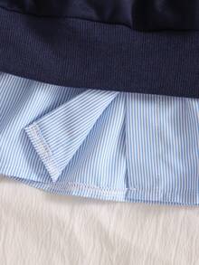Set de 2 piezas Pantalones vaqueros y blusa a rayas con estilo colegial y parches para niñas, apropiado para uso diario y actividades al aire libre - Azul Marino - Ver 5