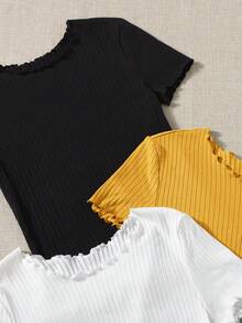 SHEIN EZwear 夏季三件套荷叶边罗纹针织修身打底T恤，可爱女式纯色上衣，可爱休闲上衣，可爱短袖上衣，罗纹上衣，棉质上衣，可爱纯色上衣，可爱上衣，女士休闲上衣，短袖罗纹上衣 - 黃色 - 查看 6