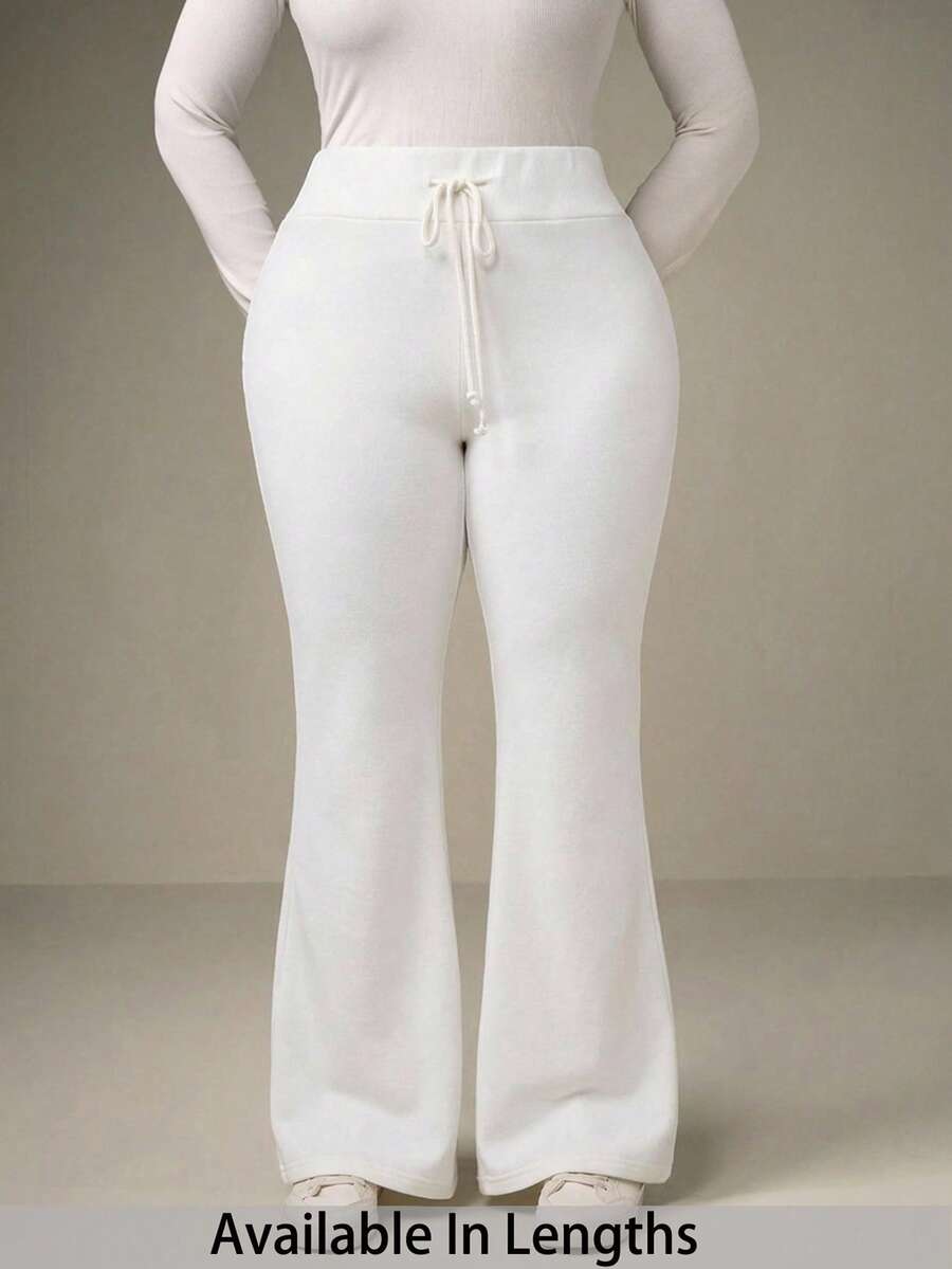 SHEIN Tall CURVE 大码休闲低腰抽绳弹力运动裤喇叭裤保暖内衬复合绒面料运动裤,适合秋冬季穿着 - 白色 - 查看 1