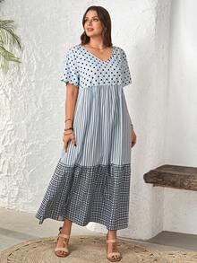 EMERY ROSE 大码女式休闲V领波点条纹印花连衣裙 - 彩色 - 查看 3