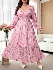 Modelyn Große Größen Elegantes Kleid für Damen mit Blume Muster, Herzausschnitt, Rüschen und Ballonärmeln - Verschiedenfarbig - Übersicht 3