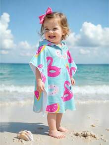 Infant/Toddler Boys' Blue Background Pink Flamingo Print Hooded Cover Up Swimwear, V-Neck Hooded Cape, Infant/Toddler Wearable Towel, Beach Coverup, Essential For Bath, Swimming Toddler Swim Cover Up - Multicolor - View 8