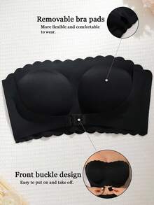 NudeFit Plus Size Women Sexy Solid Color Shell Trim Elastic Bandeau Bra - Black - View 6