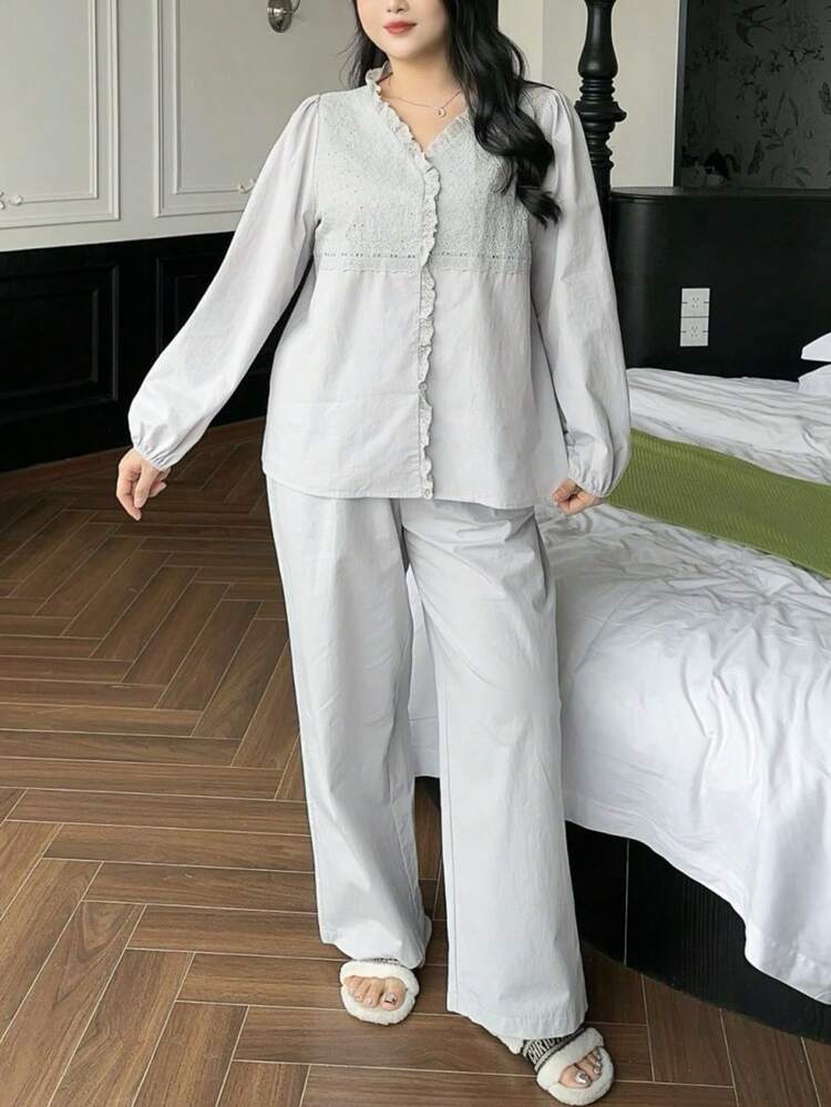 Dazy Plus Plus Size 100% Cotton Comfortable Casual Lace Trim Pajama Set