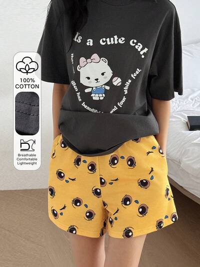Casual Loose Lazy Summer Lightweight Cartoon Cat Print Short Sleeve T-Shirt And Shorts 2-Piece Pajama Set For Women