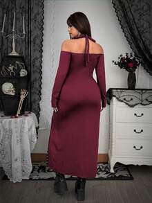 Whyspr Plus Size Women's Halter Neck Criss-Cross Tie Slit Dress - Burgundy - View 2