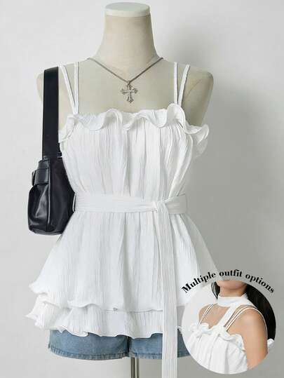 Resyla Summer Sweet Ruffled Hem Solid Color Camisole, Tie Waist, Suitable For Vacation Wear