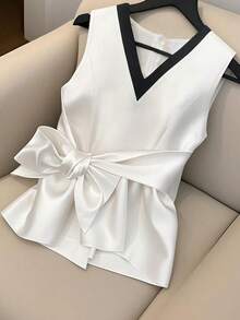 GlowEve CURVE Plus Size Elegant Commuter Shirt With Tie Front And Contrast Trim, Summer - Black and White - View 3