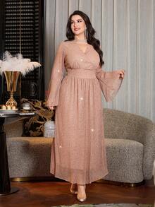Modelyn Plus Size Women Elegant Pleated Sequin Fitted Long Knit Dress, Light Formal Wear, Spring/Autumn - Apricot - View 5