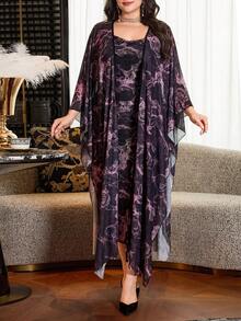 Modelyn Conjunto de vestido de 2 piezas de talla grande para mujer con cintura fruncida, estampado floral diminuto y malla elegante y entallada - Multicolor - Ver 6