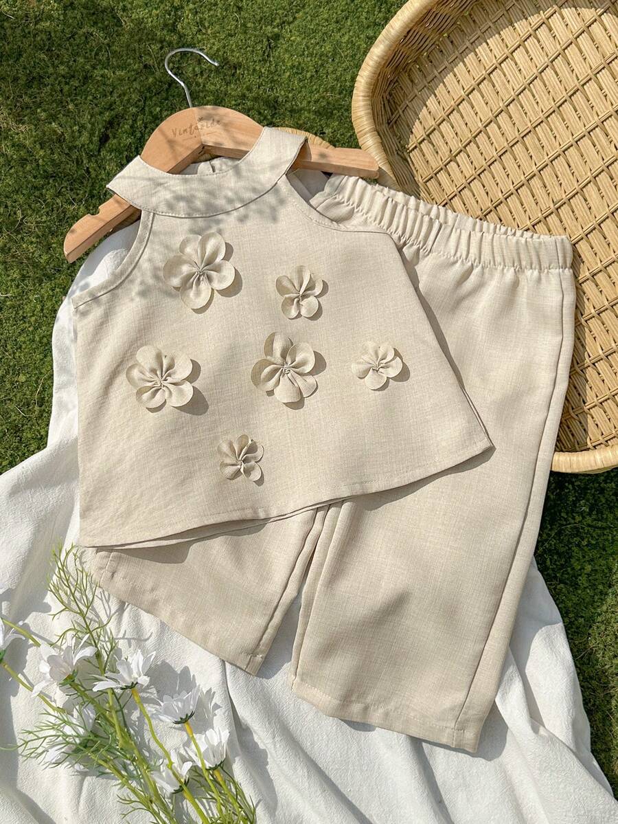 Vintaside Kids Bộ 2 món cho bé gái, áo không tay và quần họa tiết hoa 3D dễ thương, thích hợp mặc mùa xuân, hè, thu, ở nhà, ngoài trời, du lịch, nghỉ lễ, dự tiệc và mặc hàng ngày. - Màu Khaki - Xem 1