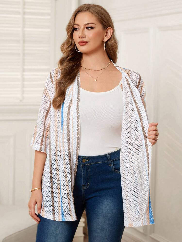 Plus Size Colorblock Striped Print Hollow Out Casual Vacation Jacket Beach Cover Up Top Summer Cardigan Women Summer Outfits Beach Outfit For Women Summer Holiday Outfits Casual Outfit For Women Summer Kimono Knitted Cover Up Curve Kimono Summer Cardigan Plus Size Kimono Cover Up