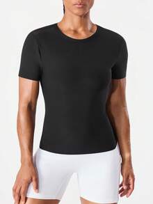 SHEIN Sports 女士时尚弹力圆领短袖紧身卫衣 - 黑色 - 查看 4
