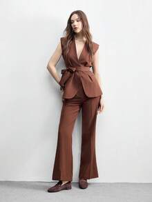 CUCCOO BIZCHIC 女士小方头平底低跟棕色绒面革金属搭扣休闲百搭经典乐福鞋 - 咖啡色絨 - 查看 6