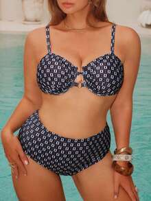 Swim Chiccia Plus Size Women 2pcs Swimwear Set, Plaid Asymmetric Print Sexy Underwire Camisole And Bikini Bottoms, Summer - Black - View 7