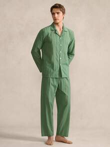 Men's Solid Green Textured Striped Shirt And Pants Pajama Set - Green - View 3