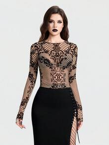 Breakform Áo nữ phong cách Gothic tối màu, phối lưới mềm mại, cổ tròn, tay dài, ôm sát, gợi cảm, thích hợp cho đi chơi hàng ngày và các lễ hội. - Màu be - Xem 4