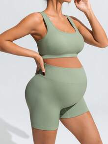 SHEIN Maternity Simple Solid Color Cross-Back Sports Bra And High-Waisted Shorts Set,Word Cup - Green - View 9