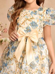 Girls Sweet Puff Sleeve Wedding Flower Girl Princess Dress, Netted Printed Dress For Birthday, Performance, Elegant Big Bow Decor Dress Girls Vintage Floral Dress Tween Dresses Puff Sleeve Tween Blue Floral Dress - Blue - View 8