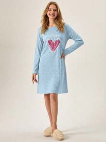 EURMUSE Women's Comfortable Heart Printed Long Sleeve Nightdress - Baby Blue - View 3