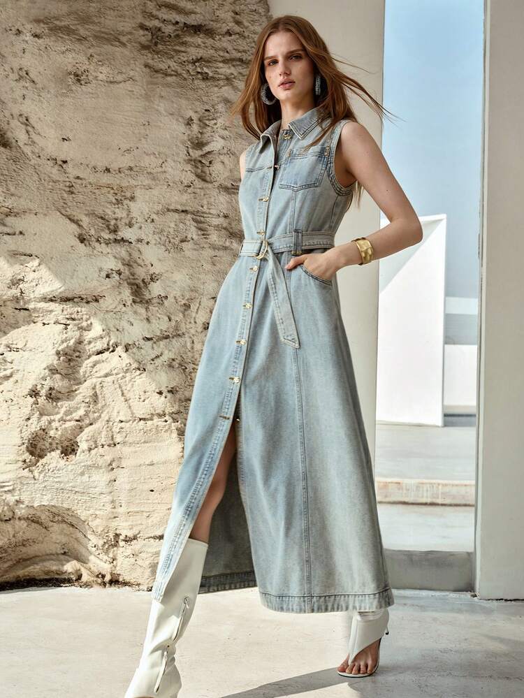 WOMEN'S CASUAL EVERYDAY COMMUTE SINGLE-BREASTED BELTED WAIST SLEEVELESS DENIM DRESS, SUMMER