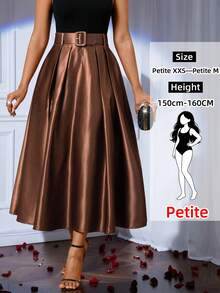 SHEIN Lady Petite Chân váy xếp ly chữ A màu trơn thanh lịch dành cho nữ, thích hợp cho các bữa tiệc. - màu nâu - Xem 1