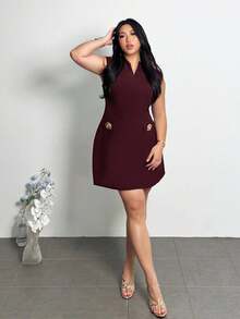 Firerie Plus Size Women's Burgundy Summer Elegant Formal Dress,V-Neck Ruched Metal Flower Decor A-Line Short Sleeve Chic Office Work Commute Dresses - Rose Red - View 3
