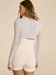 Aralina Áo croptop tay dài ôm sát, cổ chữ V sâu, dáng suông, chất liệu co giãn, thích hợp mặc hàng ngày, kiểu dáng thường ngày. - Màu xanh nhạt - Xem 2