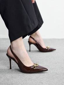 CUCCOO BIZCHIC 女士春夏金属扣尖头缝线高跟鞋，9厘米亮面漆皮纯色高跟鞋，适合通勤、约会、日常聚会等场合。 - 棕色漆皮 - 查看 7