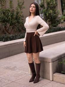 Andrea Bello Solid Corduroy Flare A-Liner Brown Skirt Winter Casual,Fall,Fall Clothes For Women,Winter Clothes For Women - Coffee Brown - View 6