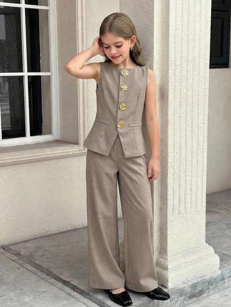 SHEIN 少女休闲圆领无袖金属扣装饰衬衫套装 - 灰色 - 查看 1