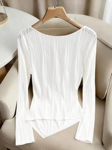 Franclia 大码女士休闲优雅V领长袖T恤 - 白色 - 查看 2