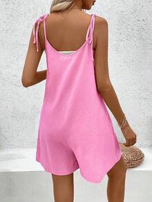 Breezaya Solid Color Washed Cotton Round Neck Beaded Jumpsuit Holiday Vacation Light Pink Summer Boho Casual - Hot Pink - View 2