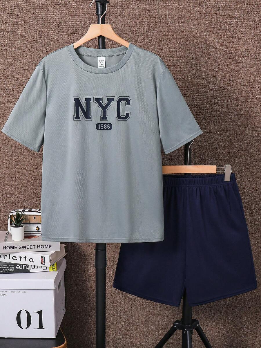 SHEIN 2件套青少年男童休闲宽松舒适品牌logo装饰短袖上衣和短裤套装，春夏款