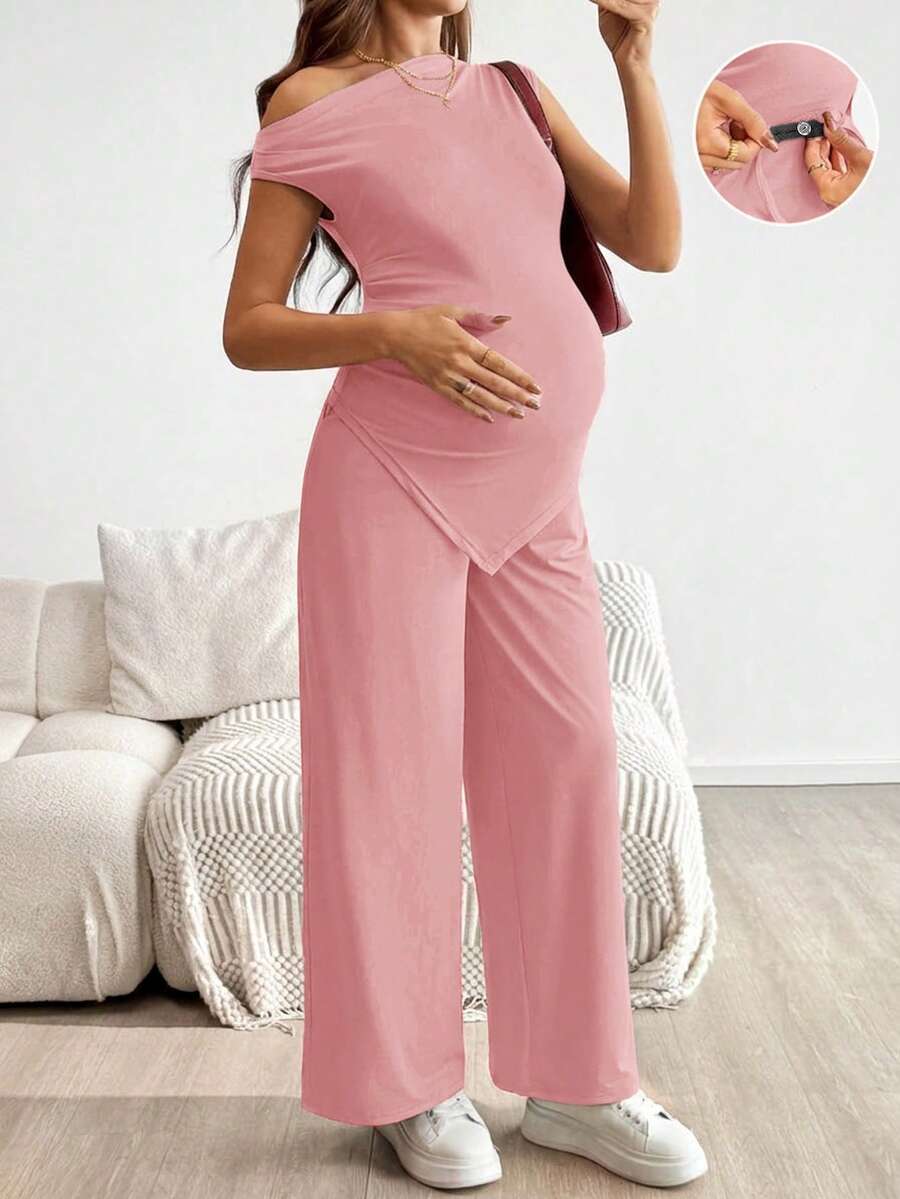 SHEIN Bộ đồ bầu màu trơn, vai lệch, gấu lệch, dáng ôm, phong cách thường ngày mùa hè, 2 món. - Màu Hồng baby - Xem 1