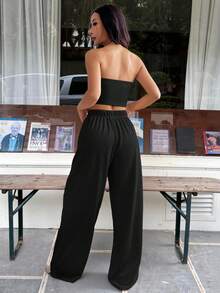 SHEIN EZwear Women's Spring/Summer New Knit Casual Sports Tube Top And Pants Set Black Two Piece Strapless Comfortable - Black - View 2