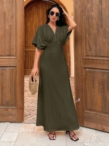 EURMUSE Casual Solid Color Batwing Sleeve Dress For Holiday - Army Green - View 4