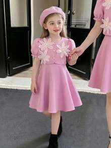 SHEIN Young Girl Floral 3D Petal Sleeve Jacket And Solid Color Dress, Suitable For Daily Outings, Gatherings And Parties - Pink - View 1