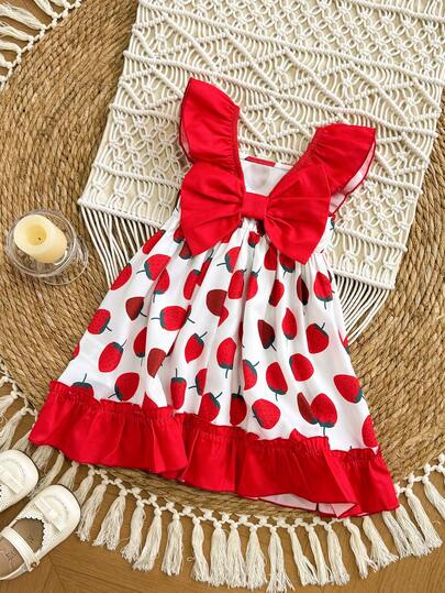 SHEIN Babygirl Summer Cute Strawberry Pattern Color Block Ruffle Hem Dress