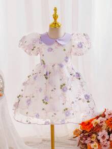 SHEIN Glamorique Kids 女童碎花腰部泡泡袖薄纱优雅派对连衣裙，适合所有季节 - 淡紫色 - 查看 9