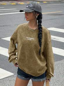 Muchica 卡其色女士字母印花圆领休闲长袖T恤 - 卡其色 - 查看 6