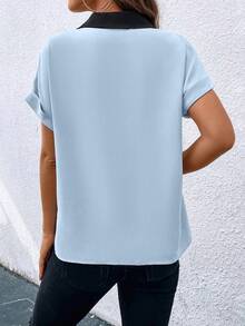 SHEIN Clasi Contrast Color V-Neck Raglan Sleeve Rolled Hem Elegant Minimalist Summer Shirt - Blue - View 2