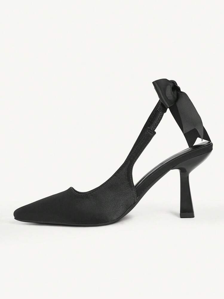 CUCCOO CHICEST Ladies Black Satin Pointed Stilettos - Black Bow Hollow Back Hollow Design Elegant And Cute College Heels Wedding Shoes Summer Shoes Bride Shoes